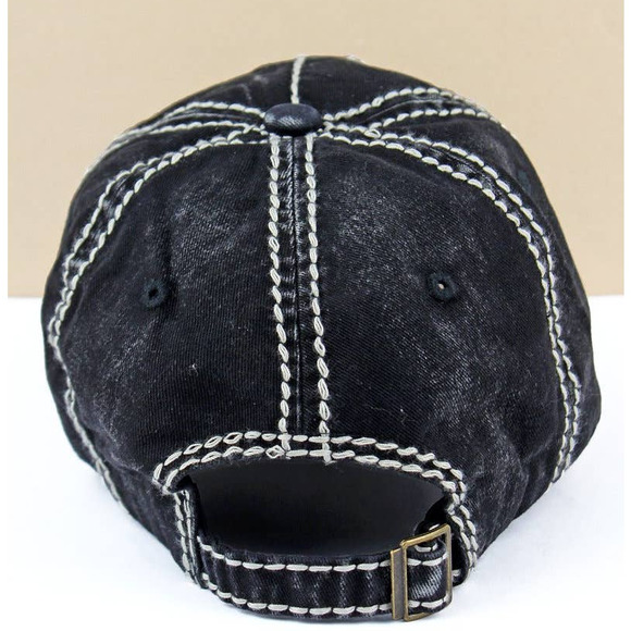 BLACK DISTRESSED FABRIC APPLIQUE AMERICAN SKULL CAP - Picture 3 of 4